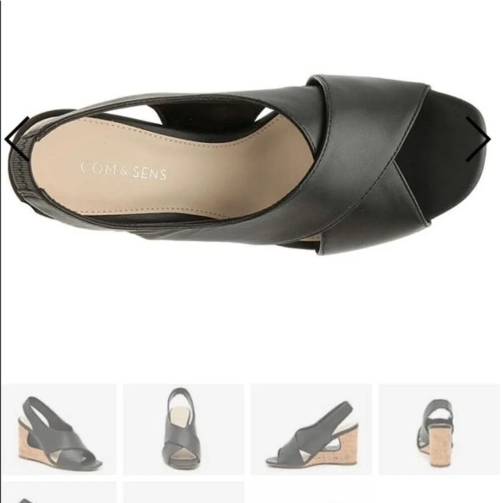 COM & SENS Leather Missy Wedge Sandal in Black 7.5